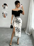 Ladies Spring Summer Shoulder Bared Black Top Spliced Water-Mark Print Split Sexy Elegant Dress Body-Con Silhouette