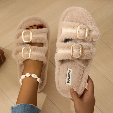 Metal Buckle Fluffy Furry Slippers Women Fashion Open Toe Flat Heel Plush Slides Woman 2026 Soft Bottom Warm Cotton Slippers