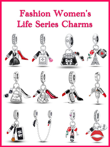 100% 925 Sterling Silver Fashion High Heels Lipstick Camera Life Series Charms Beads Fit Qikaola Original Bracelets DIY Jewelry