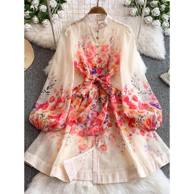 French Vintage Pearl Button Floral Print Slim A-Line Dress Women’s Spring Resort Dress