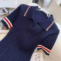 Polo Collar Knit Dresses for Women Summer Short Sleeve Slim Elegant Party Dress Casual Chic Stripe Vestido Feminino New Q715