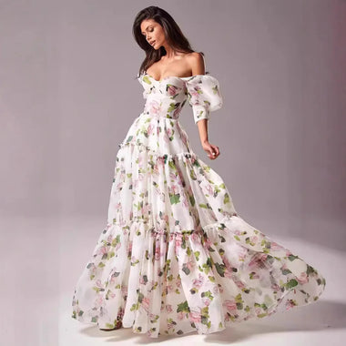 Chic Off-the-shoulder Maxi Dress Women Slash Collar Slim Fits Big Swing Dresses Fashion Organza Fairy Long Evening Dress Y2K