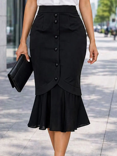 Women Black Mermaid Skirts Elastic High Waist Button Front Slim Fit Pencil Midi Work Party Business Casual Skirt