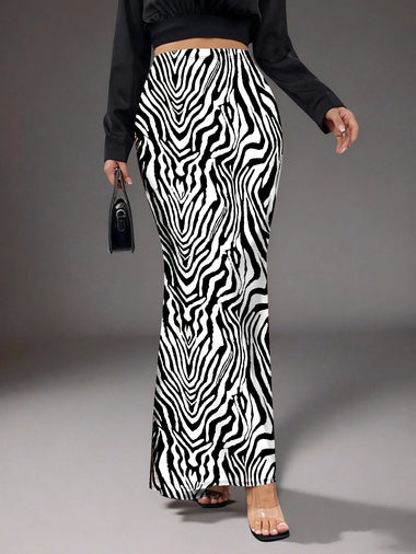 Women Black White Zebra Print High Waist Mermaid Long Skirt Bodycon Maxi Skirt Casual Party Skirt Standard Size