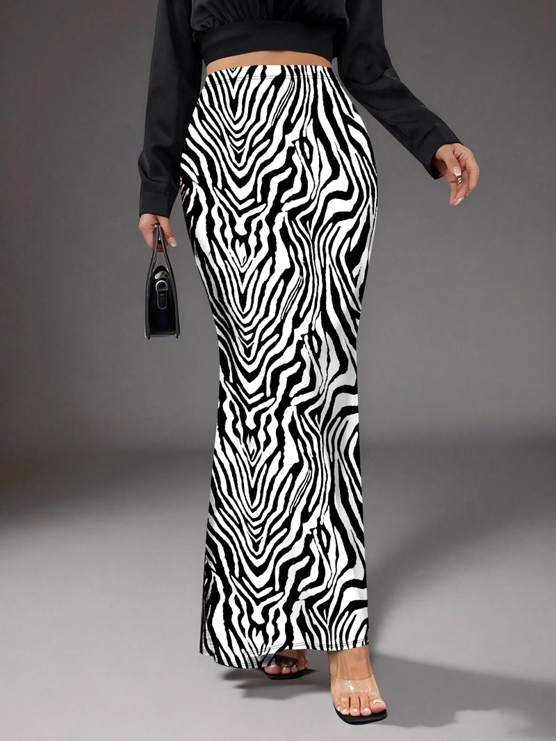 Women Black White Zebra Print High Waist Mermaid Long Skirt Bodycon Maxi Skirt Casual Party Skirt Standard Size