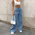 Women Jeans Washing Solid Multi-Pockets Wide Leg Denim Pants Mid Waist Ankle-Length Cargo Pants Ladies Casual Loose Cargo Jeans