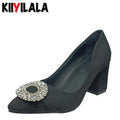Super Big Size 50-53 Crystals Round Buckle7cm Chunky Heel Pumps Women Shoes Leisure Pointed Toe Flock Black Fashion