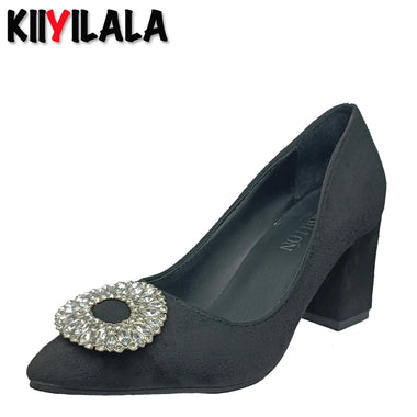 Super Big Size 50-53 Crystals Round Buckle7cm Chunky Heel Pumps Women Shoes Leisure Pointed Toe Flock Black Fashion