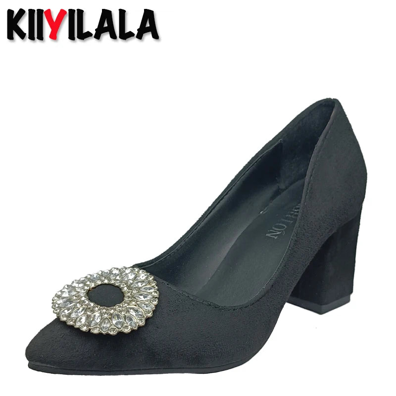 Super Big Size 50-53 Crystals Round Buckle7cm Chunky Heel Pumps Women Shoes Leisure Pointed Toe Flock Black Fashion