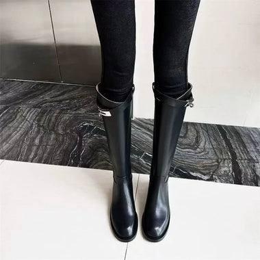 Women Metal Buckle Knee High Boots, Solid Black Pu Leather Long Riding Boots, Round Toe Low Heel Side Zipper Fashion Tall Boots