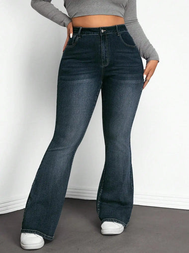 Plus Size High Waist Flare Jeans, Vintage Wash Slimming Bell Bottoms, Comfortable Denim Jeans for Women, Stylish Casual Wear