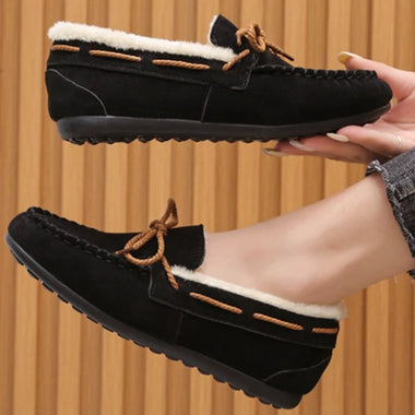 Women Winter Casual Shoes New Moccasins Soft Flat Non-slip Loafers Fashion Comfort Warm Plush Bow Slip on Female Cotton Shoes