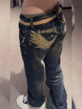 American Personalized Gold Wing Embroidered Jeans Children's 2025 Spring Hot Girl Design Sense Low Waist Micro Flared Pants