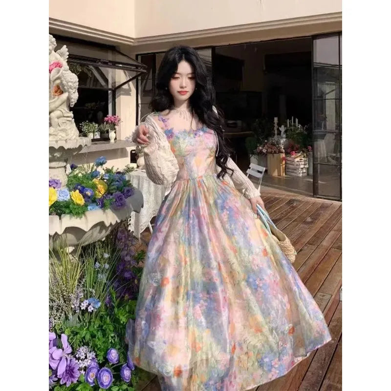 Women's Summer Oil Painting Style Floral Maxi Dress Butterfly Print Square Neck Puff Sleeve Tulle Dress For Women