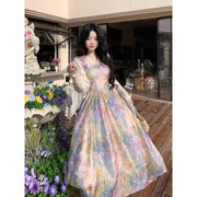 Women's Summer Oil Painting Style Floral Maxi Dress Butterfly Print Square Neck Puff Sleeve Tulle Dress For Women
