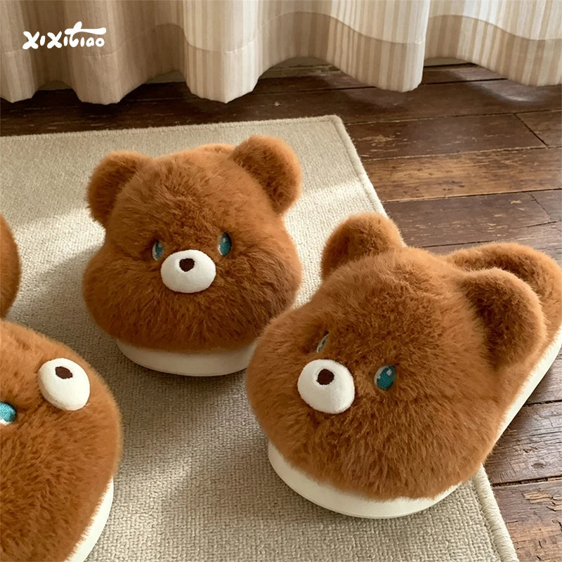 XIXITIAO Winter Plush Home Slippers Men Women NEW Fashion Soft Comfort Warm Fluffy 3D Bear House Shoes Antislip Indoor Footwear