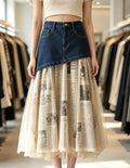 Plus Size Irregular Denim Waist Spliced Vintage Newspaper Print Chiffon Skirt, Women Layered Pleated Midi Skirt