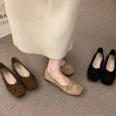 Square Toe Ballet Flats Women Soft Sole Casual Shoes Elegant Bow Shallow Slip-On Work Daily Vintage Ladies Footwear