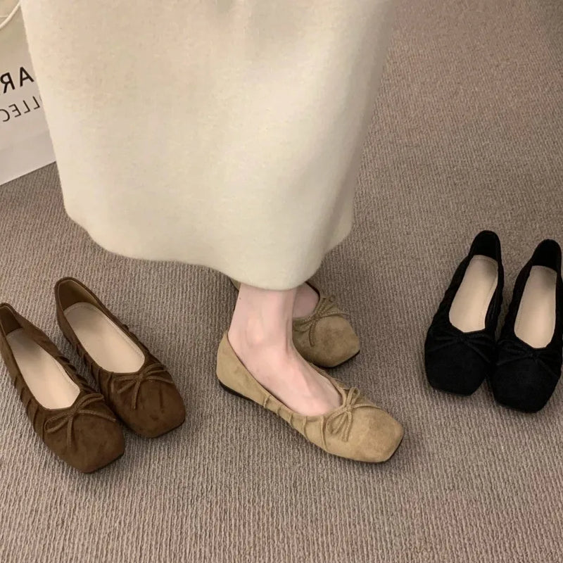 Square Toe Ballet Flats Women Soft Sole Casual Shoes Elegant Bow Shallow Slip-On Work Daily Vintage Ladies Footwear