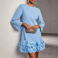 Women Round Neck Flare Sleeve Mini Dress 3D Floral Petal Hem Elegant Solid Short Dress Wedding Guest Cocktail Party Formal Dress