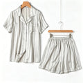 21MM 100% Natural Mulberry Silk Plain Satin Vertical Stripe Casual Short Sleeved Shirt Five Quarter Pants Home Wear Pajama Set