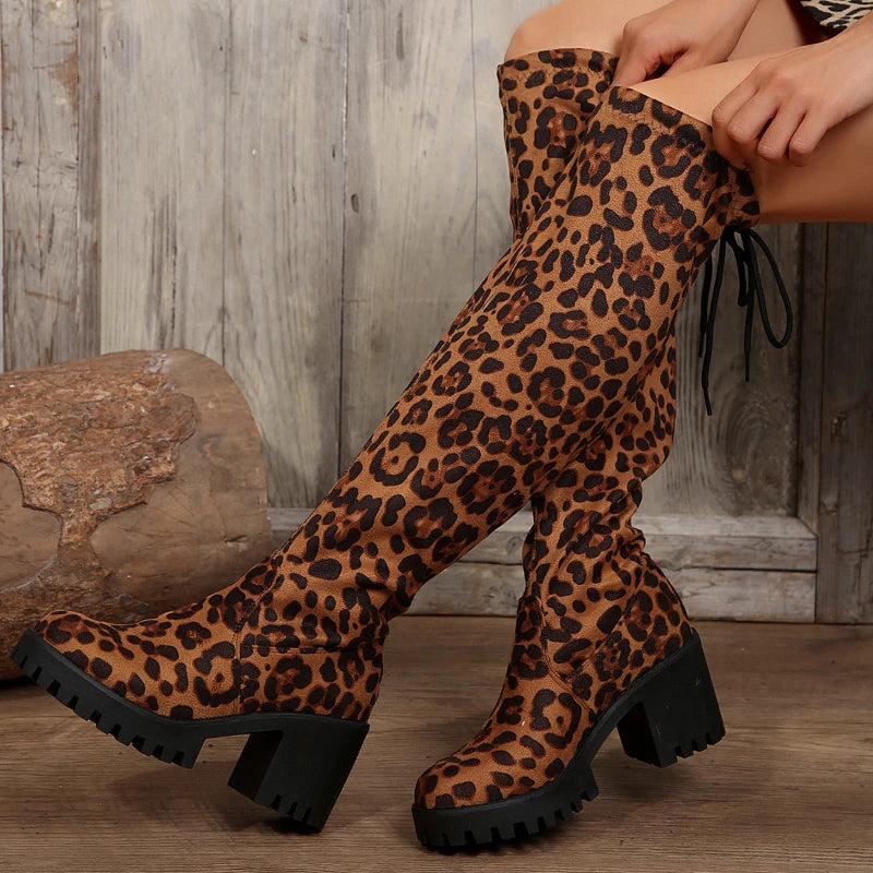 Women's Long Tube Boots Thick Heel over Knee Elastic Slim Boots Sexy Leopard Print Women Shoes Fashion Round Toe High Boots 2025