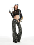 Structured Camo Bootcut Denim Pants - Low Rise Non-Stretch Flattering Slightly Loose Jeans