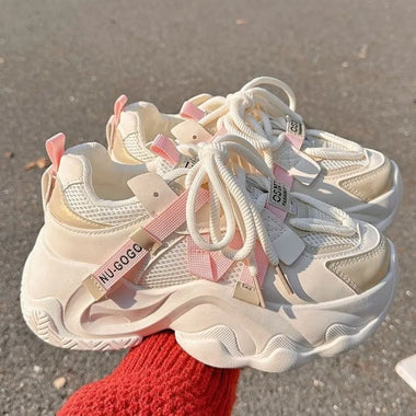 Women Sweet Cream Pink Mesh Dad Sneakers Ribbon Decor Thick Sole Lace Up Trendy Street Footwear
