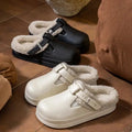 Casual Metal Buckle Warm Plush Mules Slippers Women Winter 2026 Soft Thick Sole Indoor Slippers Waterproof EVA Furry Clogs Mujer