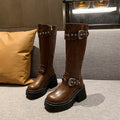Women Boots 9cm Height Increasing Thick Soled Boot Fashion Belt Buckl Thick Heel Knight Boots Women Knee-high Slim Leather Boots