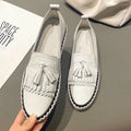 Loafers Genuine Leather Tassel White Shoes Women Round Toe Low-top Single Shoes Platform Casual Sewing Slip-On Lazy Loafers