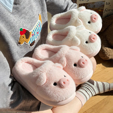 Winter Plush Slippers Women Cartoon Pig Animal Fluffy Platform Shoes Girls Mules Indoor Fuzzy Fur Slides Soft Sole Non-Slip Warm