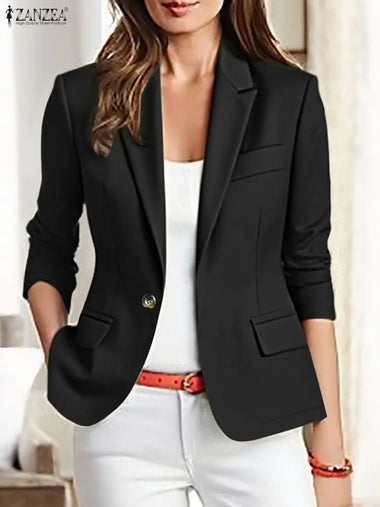 ZANZEA 2025 Autumn Outwears Office Women Blazer Stylish Lapel Neck Long Sleeve Jackets Solid Slim Fit Coats Black Blazer Jackets