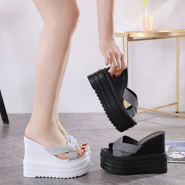 14CM Summer Women's Flip-flops Wedge Heels Platform Slippers Ultra-high Heels Thick-soled Genuine Leather Fish-mouth Sandals