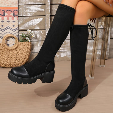 Winter Platform Punk Style Woman Knee High Boot Concise Slip on Elastic Slim Shoes Ladies Thick Bottom Knight Long Booties
