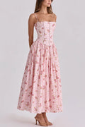 Women's White Floral Print Corset Maxi Dress Spaghetti Strap Pleated A-Line Summer Elegant Long Vacation Gown
