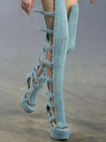 2026 New Fuzzy Flock Gladiator Thigh High Sandals Hollow Out Cut Out Stiletto Super Platform Heels Women Runway Show Party Shoes