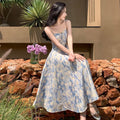 Slim Fit French Blue Oil Painting Slip Dress Spaghetti Strap Waist-Cinching Women's Floral Long Skirt Beach Vacation