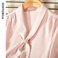 SENTUBILA Office Lady White Tie Blouse Women 2026 Spring Lace-up Collar Long Sleeve Simple Ladies Tops Woman Clothes 143C56765X