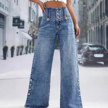 Spring Autumn New Women American Style Fashion Buttons Versatile Jeans Trend Solid Color Casual Straight Denim Pants