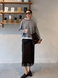 Women Elegant Lace Patchwork Satin Skirt Chic Solid High Waist Loose Midi A-line Skirts Lady Holiday Party Street Wear 2026 New