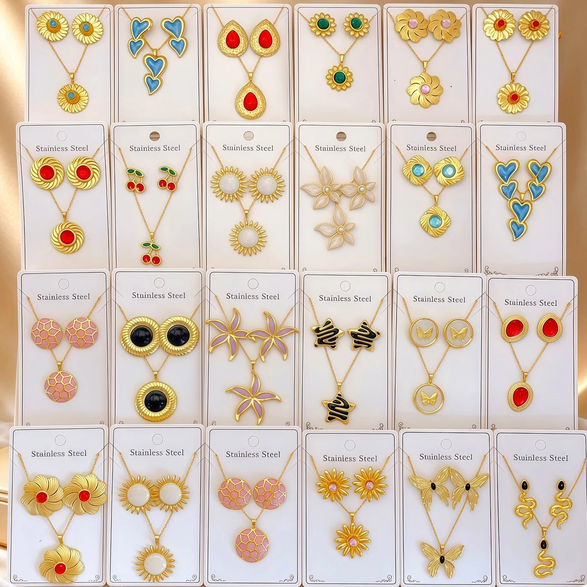 3/6/8/10Sets Fashion Stainless Steel Colorful Drip Oil Earring Necklace Set For Women Mix Style Trendy Heart Flower Jewelry Gift