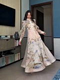 Floral Print Women Dress Button Down Mock Neck Maxi Dresses Long Lantern Sleeve A-Line Waist Belt Flared Hem Elegant Streetwear