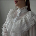 Women Victorian Lace Ruffle Blouse Stand Collar Sheer Puff Long Sleeve Elegant Vintage Shirt Tops