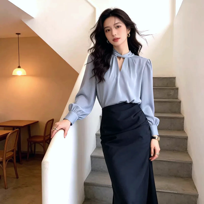 Women's Elegant Halter V-Neck Blouse Spring Summer Long Sleeve Chiffon Office Work Shirts 2026 New Fashion Ladies Clothes Trendy