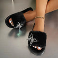Korea Style Rhinestone Butterfly Indoor Slippers Women Winter 2026 Warm Plush Girl Slippers Brand Design Black Furry Fur Slides