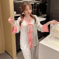 Women's 2 Piece Pajamas Set Floral Pijama Faux Silk Satin Pyjama Female Sleepwear Long Sleeve V-Neck Shirt Pants Suits Homewear