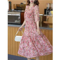 Pink Fragmented Chiffon Dress Women's 2023 Summer New Fashion Loose And Slim Appearing High End Belly Covering Floral Dress Long