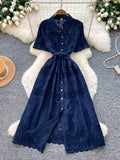 French Romantic Style Dress Women Lace Dress Lapel  Floral Embroidery Long Dresses