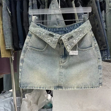 American High Street Washed Denim Skirt, Half Skirt Design, Niche Diamond Studded Letter Denim Short Skirt